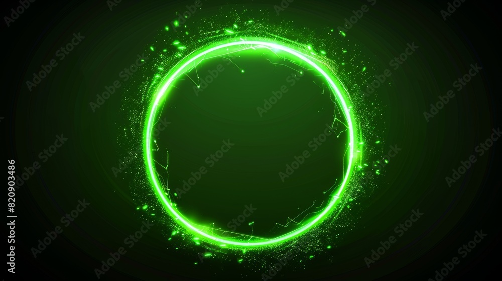 Poster neon glow and energy sparkles. abstract background with circle frame of shiny swirl with green spark