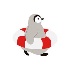 A little cute penguin with an inflatable circle on a white background. Vector illustration of wildlife animal. Summer illustration
