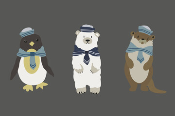 Cute Arctic animals set on a grey background. Cartoon flat otter, penguin, arctic polar bear, seagull. North nature fauna animals. Vector illustration in flat