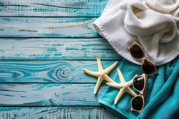 Seashells and Starfish Holiday Decor Beach Accessories On Blue Plank - Summer Holiday Banner. Beautiful simple AI generated image in 4K, unique.