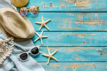 Summer Beach - Yellow Wooden Plank With Accessories - Hat Towel And Flip Flops With Seashells And Leaves Palm. Beautiful simple AI generated image in 4K, unique.
