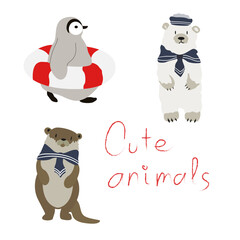Cute Arctic animals set on a white background. Cartoon flat otter, penguin, arctic polar bear, seagull. North nature fauna animals. Vector illustration in flat