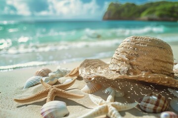 Beach Accessories On Blue Plank - Summer Holiday Banner. Beautiful simple AI generated image in 4K, unique.
