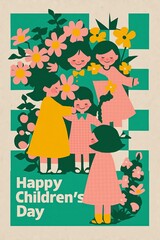 Playing kids vintage illustration for Happy Children Day greeting card with text. Festive design with typography. Summer holiday template. Retro style for banner, invitation, poster, flyer. 