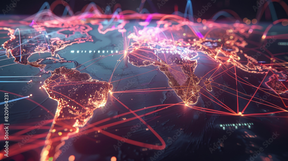 Wall mural Abstract visualization of global trade with interconnected world map and shipping routes.