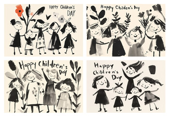 Set of children's day greeting card,  imitation of a hand drawn by kid, messy and sketchy style. Festive design with typography. Modern cartoon style for banner, invitation, poster, flyer.