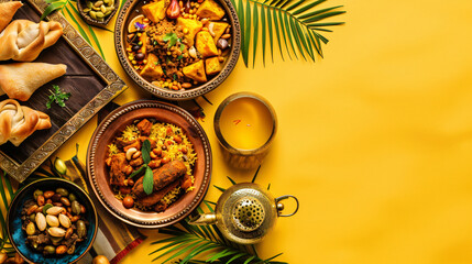 Traditional Eastern dishes and Aladdin lamp on yellow