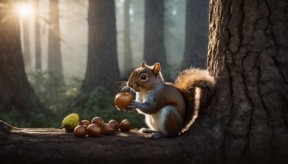 Squirrel with Acorns in Forest at Sunrise