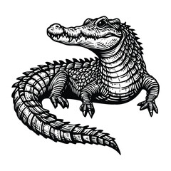 crocodile illustration. hand drawn alligator black and white vector illustration. isolated white background