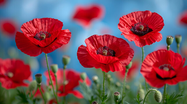 A close-up of red poppies against a blue sky enhance the colors and contrast, symbolizing peace and remembrance on Memorial Day the blue of the sky and the red of the poppies