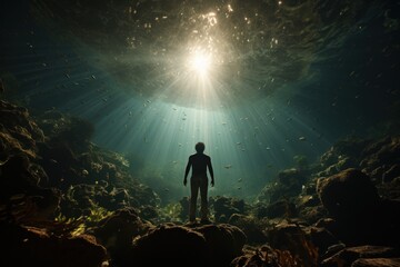 Fototapeta premium Man looking at the underwater world. Concept of scuba diving, deep diving, snorkeling