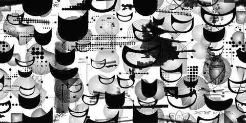 Glitch distorted grungy abstract forms . Cyber punk seamless pattern texture. Halftone dots .Futuristic background . Glitched shapes with dots and lines .Screen print endless pattern texture

