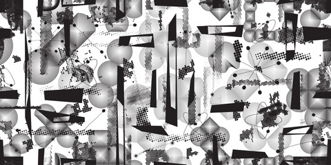 Glitch distorted grungy abstract forms . Cyber punk seamless pattern texture. Halftone dots .Futuristic background . Glitched shapes with dots and lines .Screen print endless pattern texture
