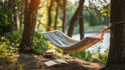 A gently swinging hammock tied between two trees, with a book left open nearby, illustrating relaxation and a peaceful escape from the heat