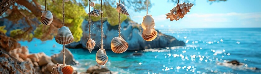 A homemade wind chime made of seashells and driftwood, hanging in a gentle breeze, symbolizing creativity and the soothing sounds of summer