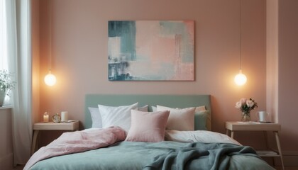 A cozy bedroom featuring pastel-colored decor, soft lighting, and modern furnishings. The inviting atmosphere is perfect for relaxation and comfort.