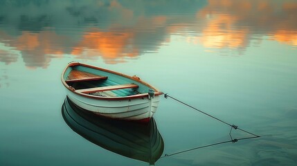 A small rowboat tied to a dock with calm water reflecting the sky, symbolizing peaceful solitude and the gentle rhythm of rowing