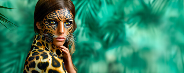 Fashion portrait of young woman adorned with jaguar or leopard print body art across her face posing against a pale blue background with tropical leaves