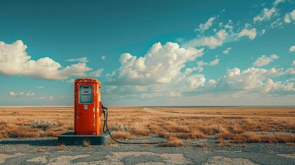 A solitary, oldfashioned gas pump at a deserted roadside station, symbolizing the essential stops and solitude found on long journeys