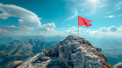 A tattered flag planted at the peak of a mountain with a panoramic view, symbolizing triumph, achievement