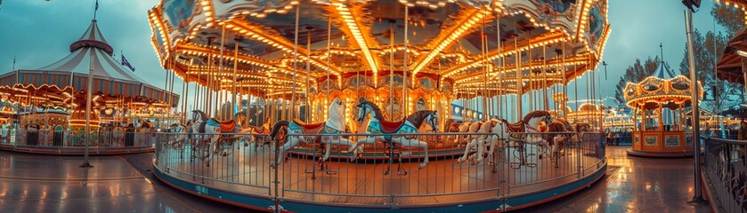 An empty carousel at a summer fairground, with colorful lights and decorations but no riders