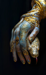 Hand adorned in gold, gently cradling gilded snake. black background.