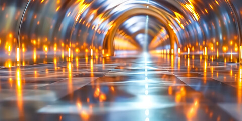Modern, futuristic corridor lined with reflective capsules and illuminated by vibrant orange lights.