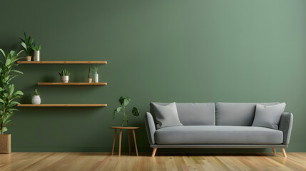 Modern living room with wooden shelving unit and grey sofa near green wall isolated on white background, simple style, png

