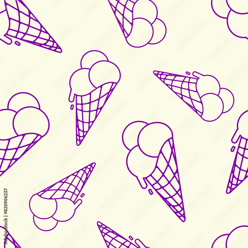 Poster ice cream cone seamless pattern.ice cream scoop in a waffle cone outline pattern for summer prints, 