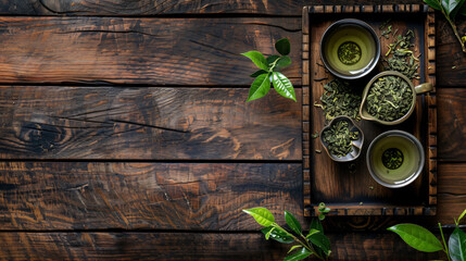 Tray with dry green tea and fresh leaves on wooden background