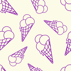 Ice cream cone seamless pattern.Ice cream scoop in a waffle cone outline pattern for summer prints, background, wallpaper, textiles, packaging.Vector illustration