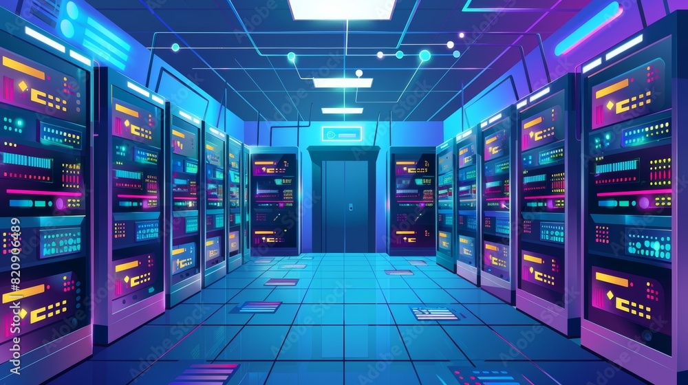 Poster an illustration of a data storage room, network communication system, and blockchain technology. mod