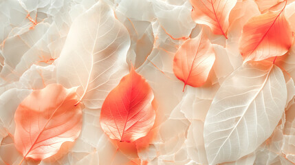 Abstract composition featuring transparent leaves in shades of white and coral, creating a delicate and artistic background