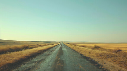 Naklejka premium An empty, open road stretching into the horizon under a clear sky, the simplicity of the scene evoking a sense of freedom and endless possibility.