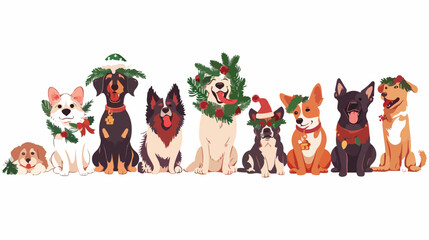 Merry and bright lettering. Christmas dogs couple vec