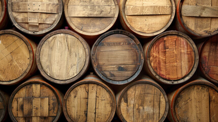 Fototapeta premium Background of wooden wine casks neatly arranged in a cellar.