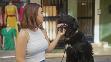 A young hispanic woman joyfully interacts with her labrador dog on a sunny urban street, surrounded...