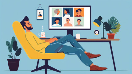 Fototapeta premium Corporate worker dozing off during an early morning video conference, illustrating disinterest and fatigue.