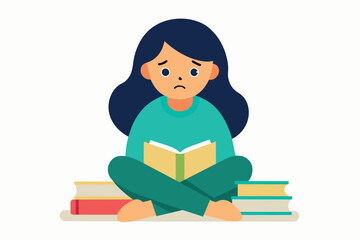 a girl student frustrated and book-laden with no time to study for her exams. Difficult study session in the study envy