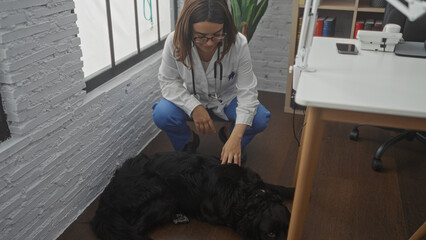 A young hispanic woman veterinarian in a clinic room is examining a beautiful black labrador dog...