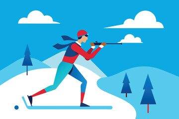 winter biathlon competition. Athlete with a ventovka in his hands aiming at the target.