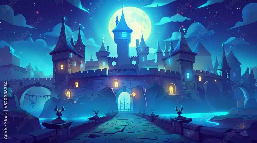 Wall mural castle in the moonlight, medieval house, palace in the night, towers, castle gates, and stone bridge - Wall murals