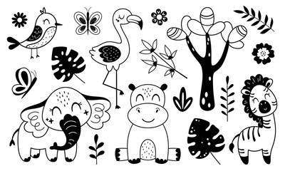 Jungle animals clipart. Black and white tropical clipart. Safari animal clip art in cartoon flat style. Tropical plants. Hand drawn vector illustration.