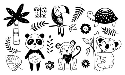 Naklejka premium Jungle animals clipart. Black and white tropical clipart. Safari animal clip art in cartoon flat style. Tropical plants. Hand drawn vector illustration.
