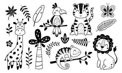 Jungle animals clipart. Black and white tropical clipart. Safari animal clip art in cartoon flat style. Tropical plants. Hand drawn vector illustration.