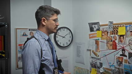 A thoughtful man analyzes evidence on a cluttered investigation board in a police department.