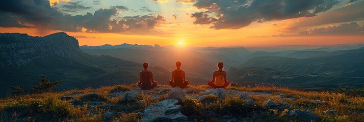 Group meditates in mountain sunset, embodying peace and harmony, finding balance and wellness in nature - Powered by Adobe