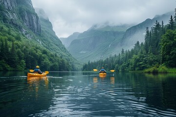 Kayak glides on calm river through lush forest, framed by towering mountains under a serene sky