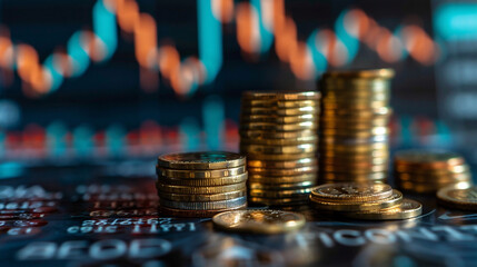 株式チャートと大量のコイン