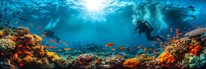 Exploring the vibrant underwater world: a diver surrounded by colorful marine life and coral reefs